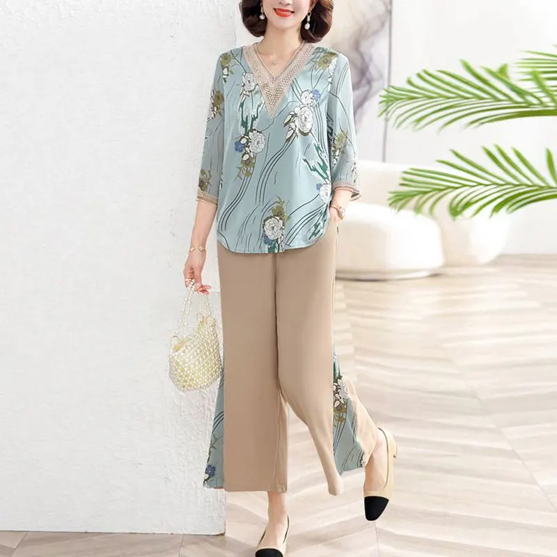 Casual Floral Printing Matching Sets Women's Clothing Two Piece Set Loose V-Neck Stylish Spliced Lace Summer Wide Leg Pant Sets