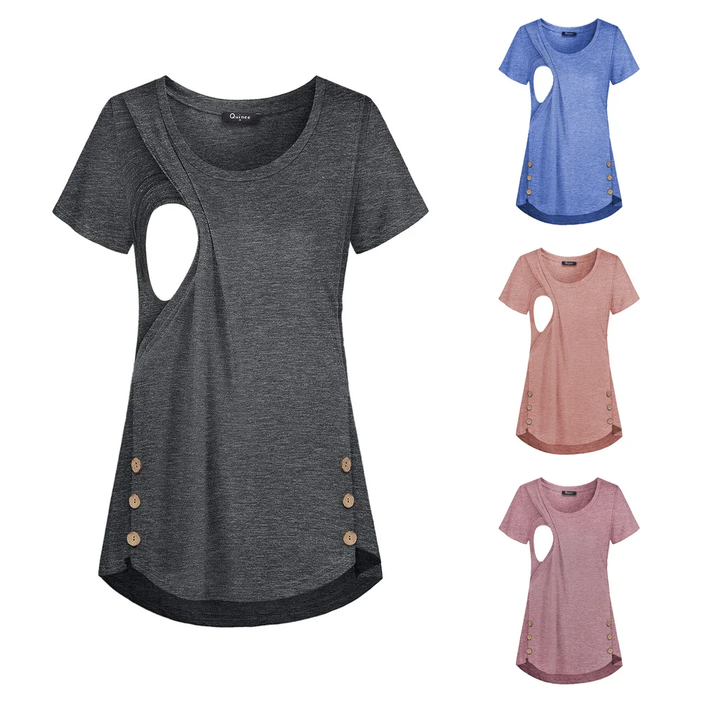 

Maternity Pregnant Women T Shirt Summer Short Sleeve Side Button Crew Neck Tees Solid Color Nursing Tops for Breastfeeding New