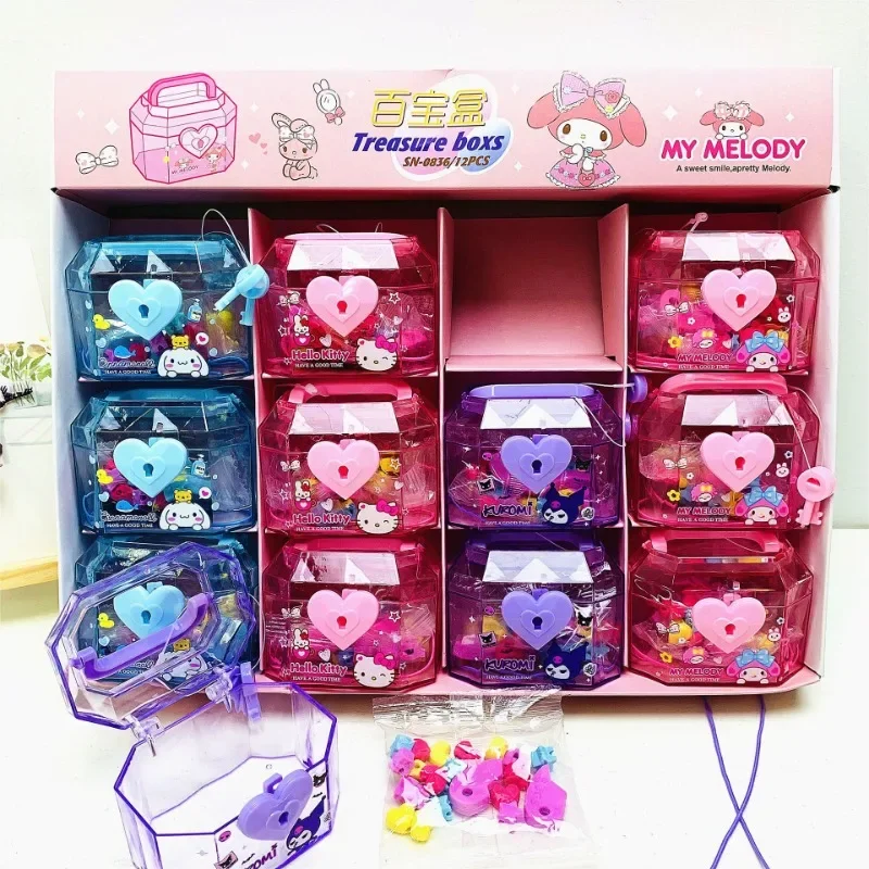 24Pcs Sanrio Kuromi Fun Eraser Storage Box with Lock Kids Toy Creative Rubber Treasure Chest Donut Erasers Supplies Stationery deli 2pcs set mini notebook sanrio hello kitty my melody pochacco student handbook kawaii school writing supplies gift for kids