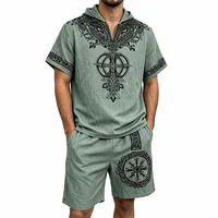 Nouvel ensemble décontracté d'été pour homme en fibre de polyester respirante, 2 pièces, avec chemise à manches courtes à capuche imprimé Viking et short de plage. 4