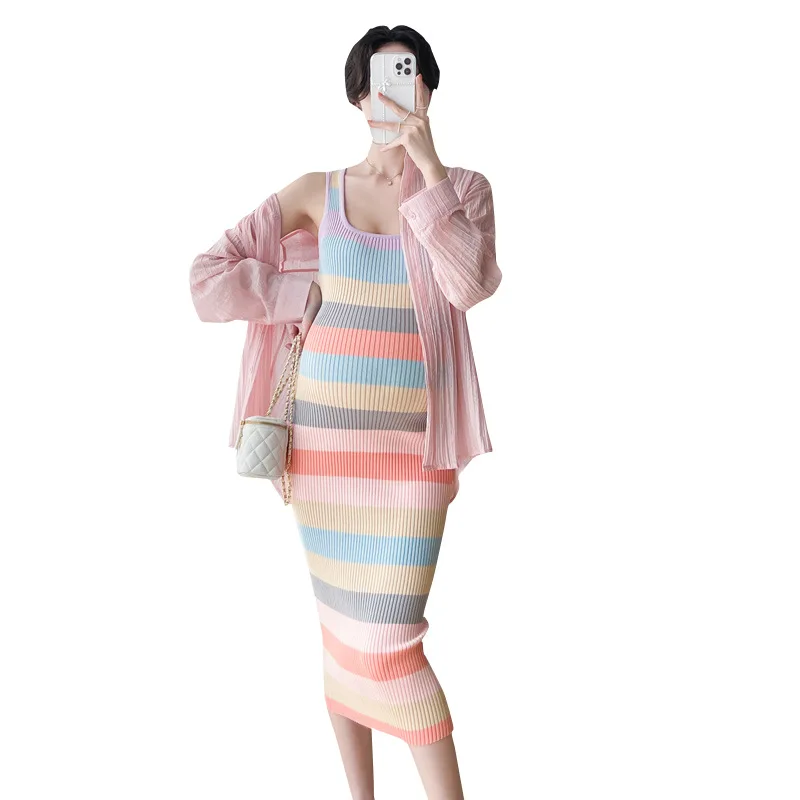 

Pregnancy Dresses Summer Autumn Clothes For Pregnant Women 2023 New Elegant Striped Knit Dress Coat Suits Slim Maternity Dress