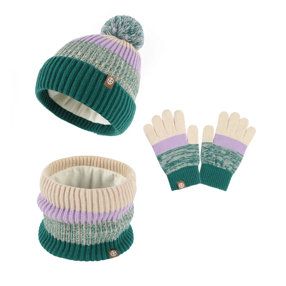 3pcs Set Winter Hat Children Beanie Snood Gloves Kids Gilr Boy Knit Winter Bonnet Colorful Striped Plush Lining Pompom 2-10Y