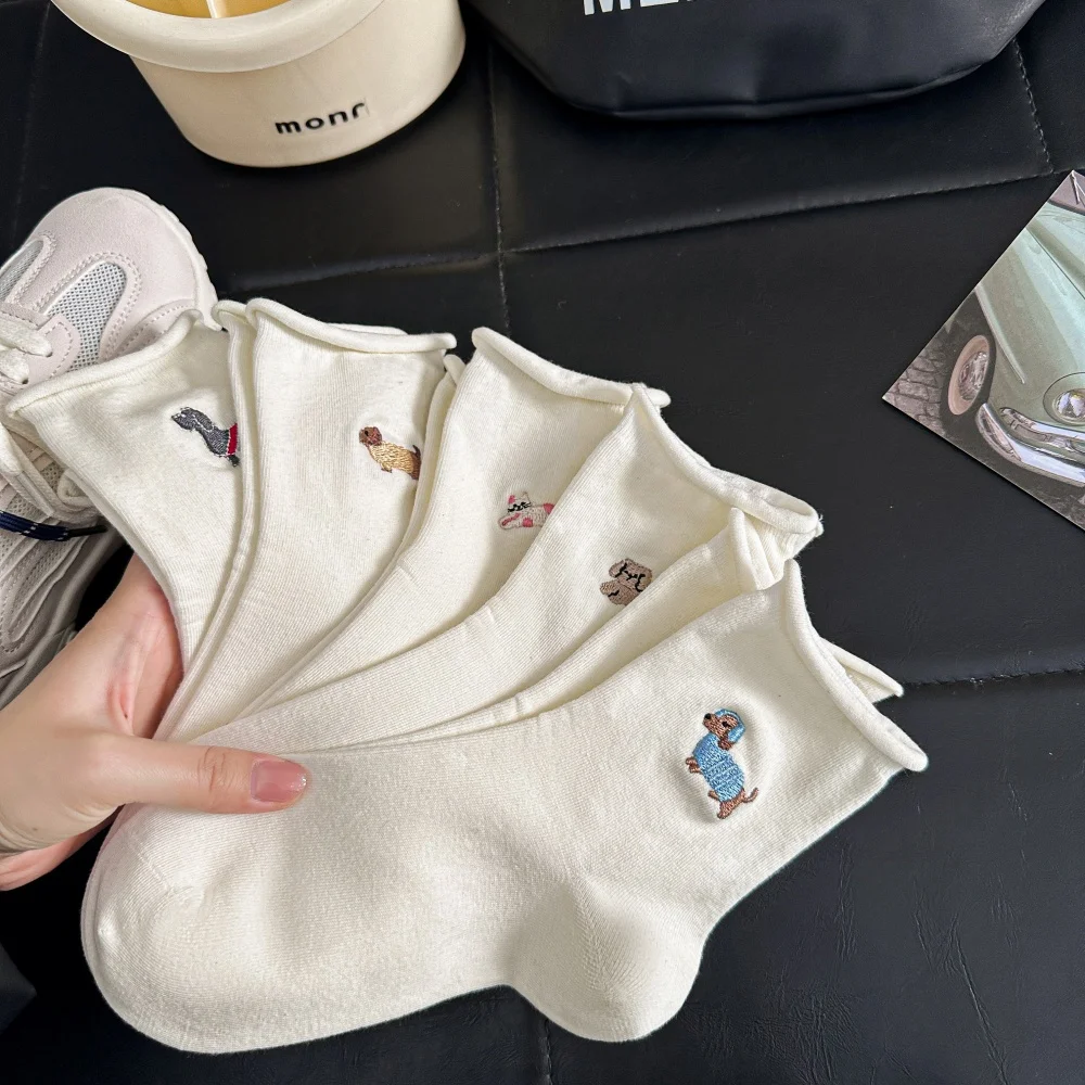 Niedliche Mädchen-Socken mit Cartoon-Tier-Stickerei Hund Katze Weiße Socken Gekräuselte Weiche Locker Sitzende Socken Welpen Kätzchen – Detail 33