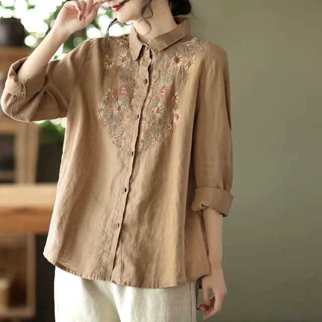 Johnature Women Vintage Linen Shirts 