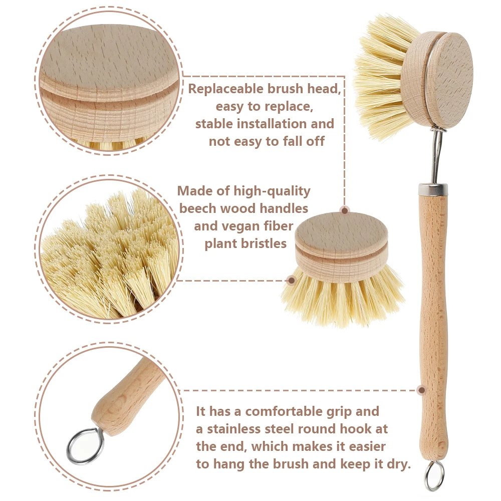 Kitchen Dish Brush Set Wooden Long Handle Pan Brush with 4 Replacement Brush Head kitchen scrubbing brush Pans Pot Brushing Tool 3
