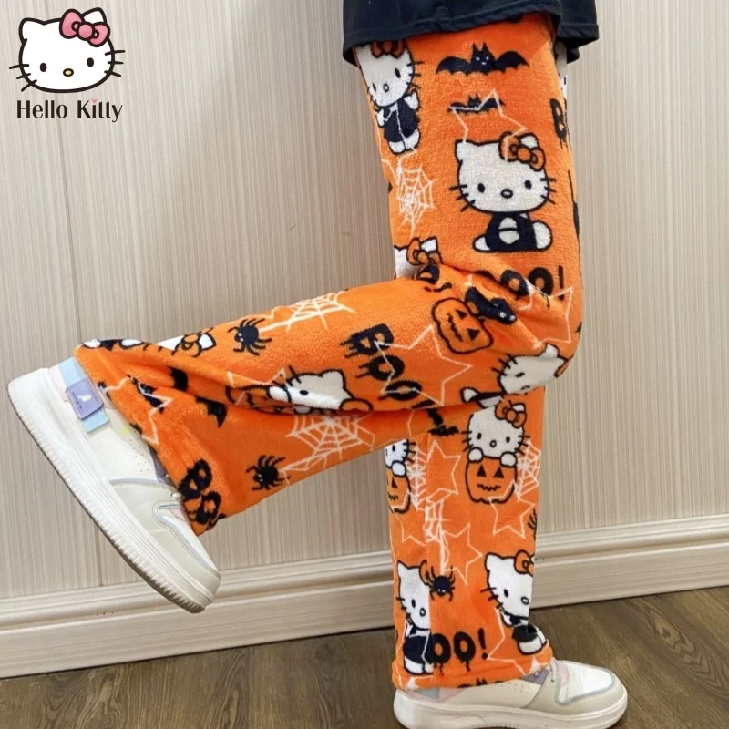 

2023 Sanrio Hello Kitty Pajamas Halloween Flannel Fashion Trouserswomen Kawaii Woolen Anime Cartoon Casual Home Autumn Pants Toy