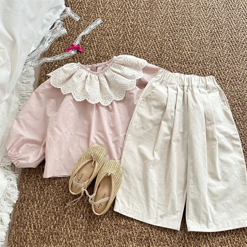 5593 Children Pants Spring and Autumn New Solid Color Pleated Wide-leg Pants for Girls Elastic Waist Slant Trousers