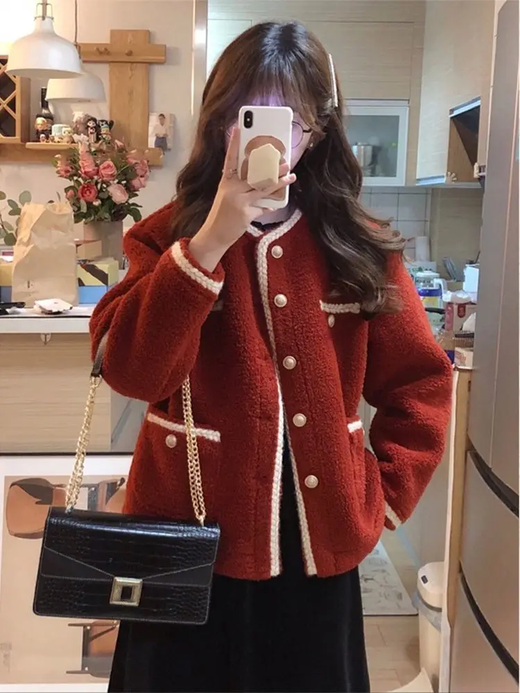 

Autumn Winter Red Lambhair Jacket Coat Women Faux Fur Integrated Jackets Womens Outerwear Korean Ladies Coats 2023 Manteau Femme