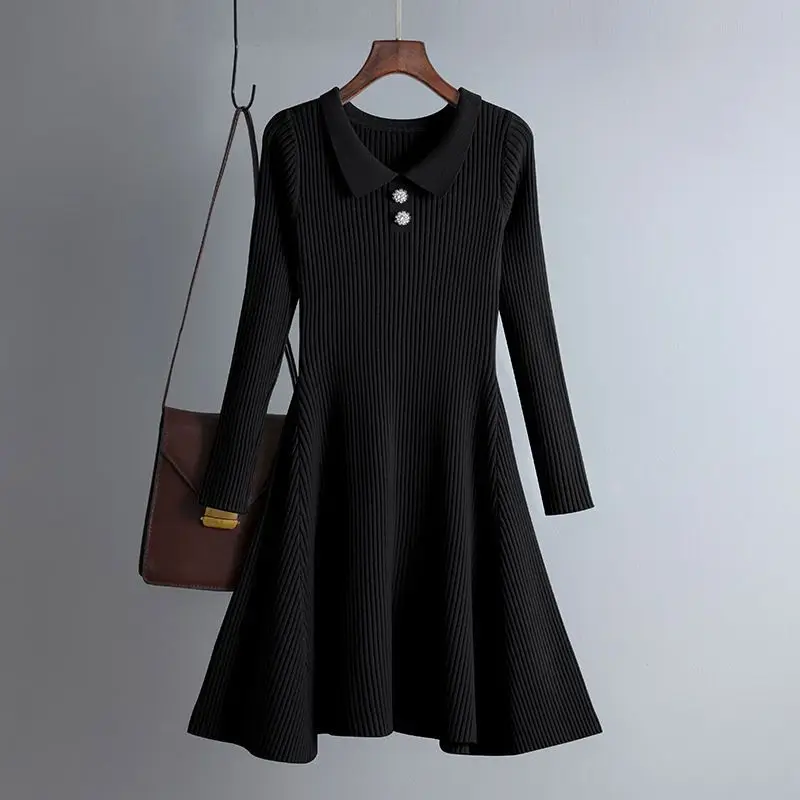 

Women's Autumn Winter Polo Neck Knitted A-line Dress Long Sleeve Thickened Waist Show Thin Solid Color Underlay Wool Skirt