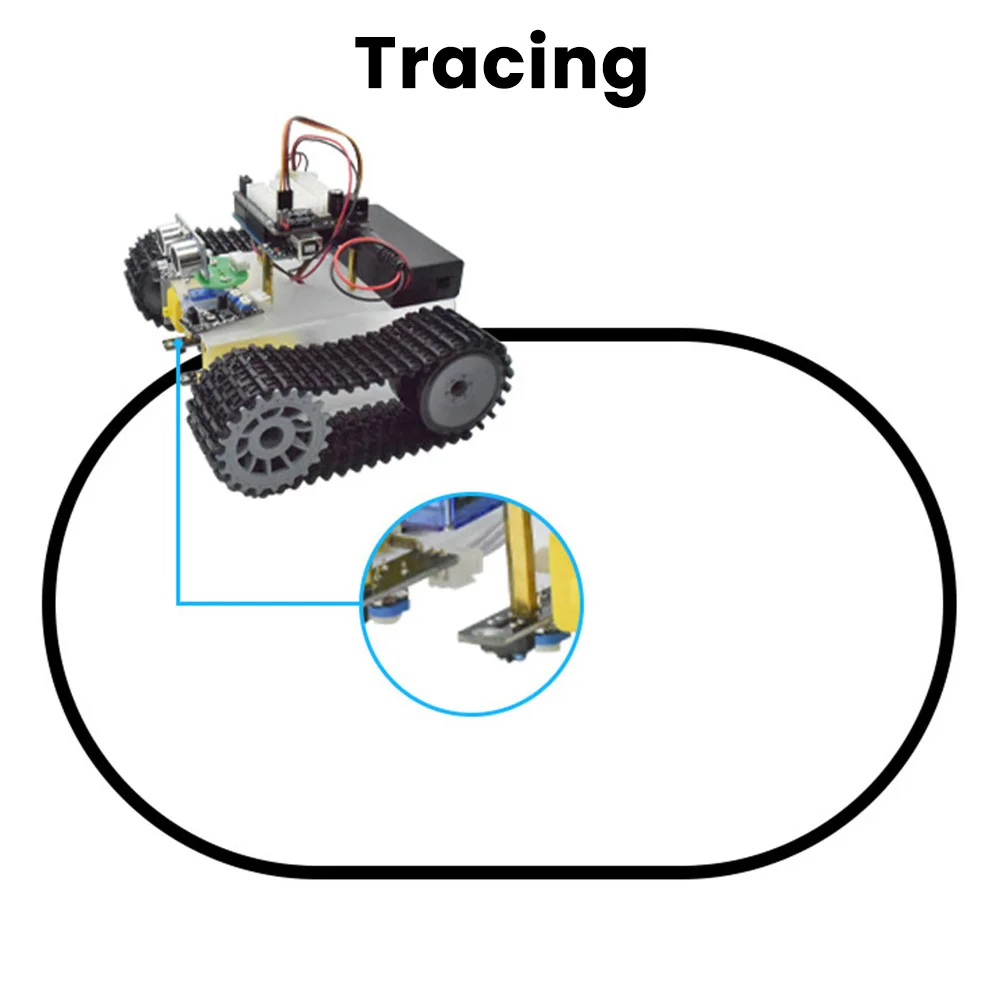 Robot tank chenilles en action, évitant un obstacle grâce au capteur ultrason, commandé via Bluetooth