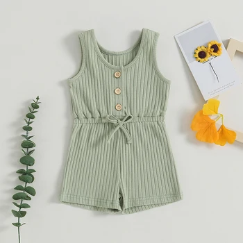 Summer Baby Girl Outfit Ribbed Tank Top Infant Baby Jumpsuit Button Down Toddler Girl Rompers Clothing 0-5T 2