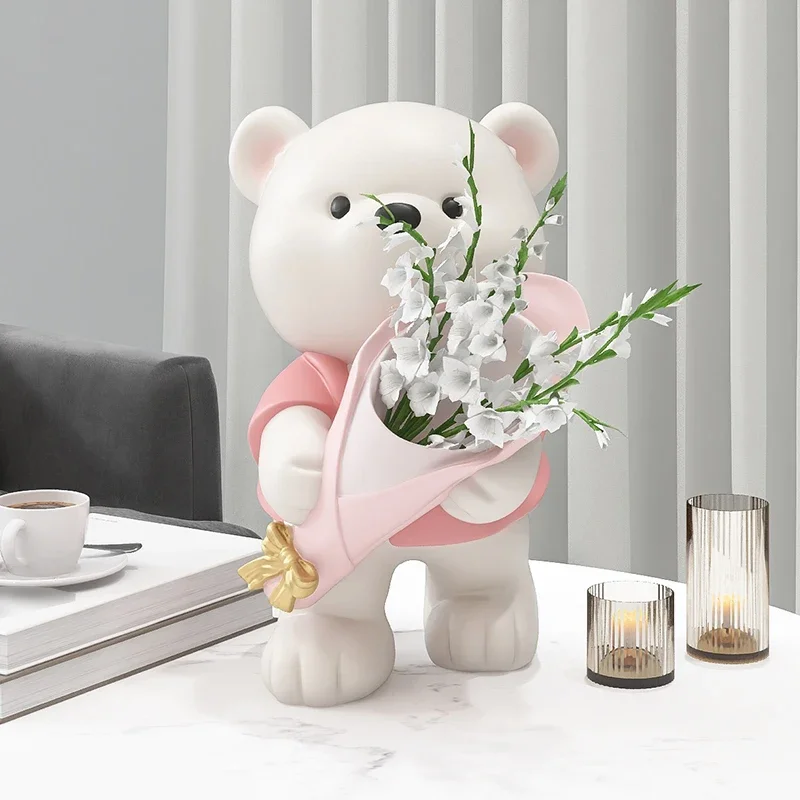 북유럽 곰 인형 송진 조각상 꽃다발 꽃꽂이, 거실 베란다 장식 장식품, 책상 꽃병 인형, 홈 데코