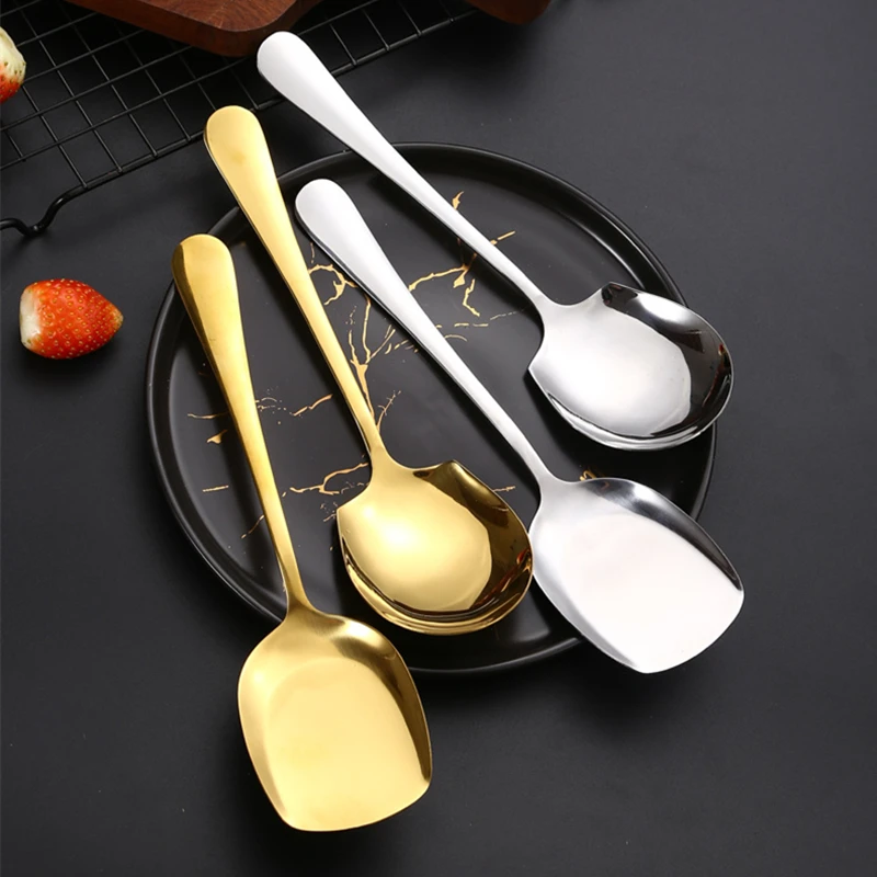 Cutlery Set Kitchenware Accessories Golden Stainless Steel Food Service Spoon Large Rice Shovel Tableware Long Handle Square Spatula Kitchen Gadgets For Home
