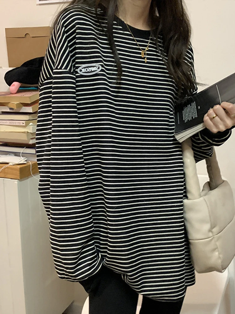 

Свитшот женский оверсайз в Корейском стиле, модный винтажный пуловер в полоску в стиле Харадзюку, повседневный свитшот с длинным рукавом, Осень-зима