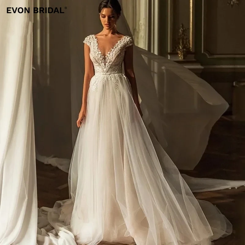 

EVON BRIDAL Modern Short Sleeves A Line Wedding Dresses for Women Sleeveless Floor Length Tulle Appliques V-Neck Prom Dresses