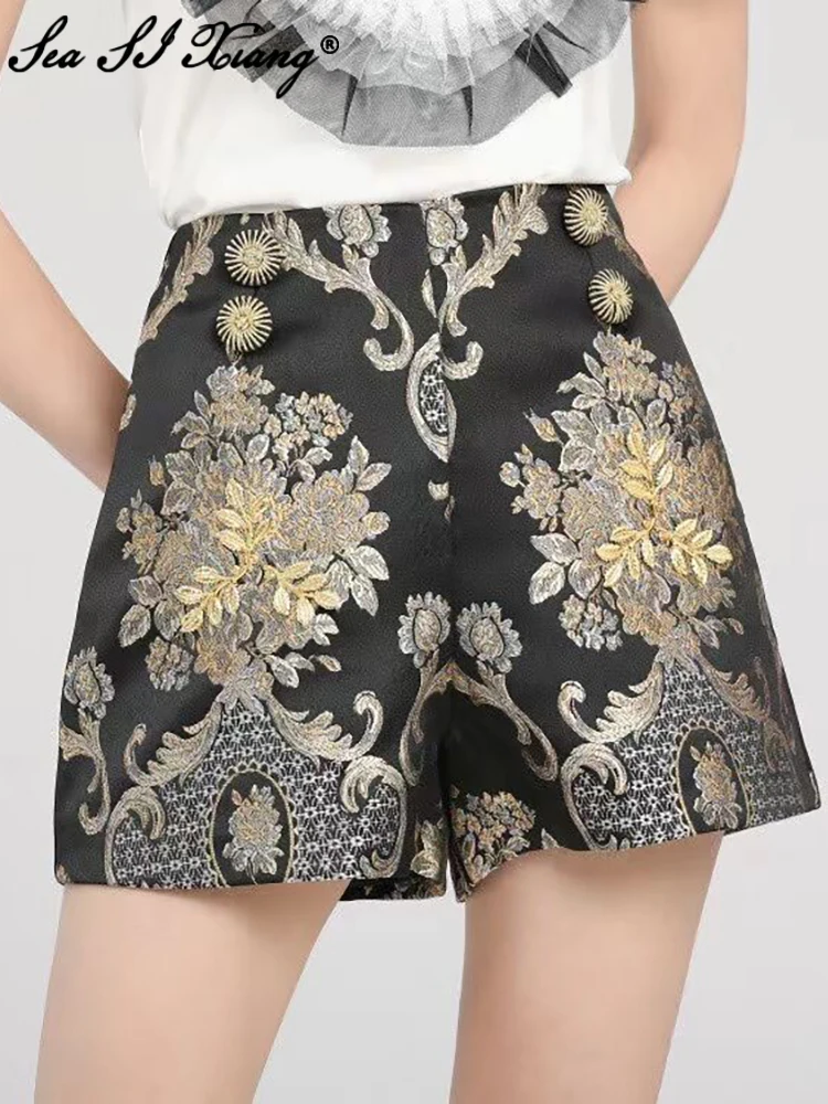 Seasixiang Fashion Designer Summer Shorts Women Embroidery Beading Black Vintage Jacquard Shorts chino shorts Shorts