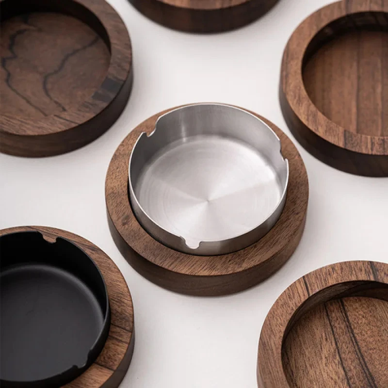 Desktop Wood Ashtray With Lid Stainless Steel Liner Windproof Ash Tray For Bar Office Home Decoration Smoking Accessories