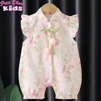 Summer 0-3Y Newborn Bodysuit Flying Sleeve Floral Ruffled Short Romper with May Bells Flower Decor for Baby Girls Clothes 1