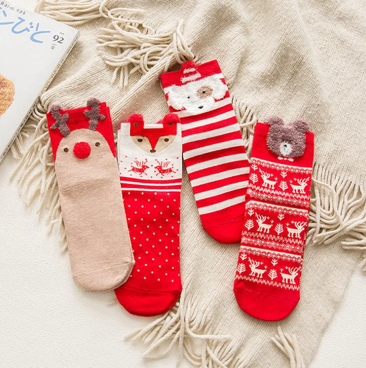 

Fashion Simple Winter Warm Socks Christmas Elk Striped Mid tube Socks with Stereoscopic Ears Christmas Socks Big Red Socks