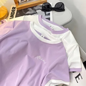 Women Summer Color Block T Shirt Casual Short Sleeve Embroidery Patchwork Top 1
