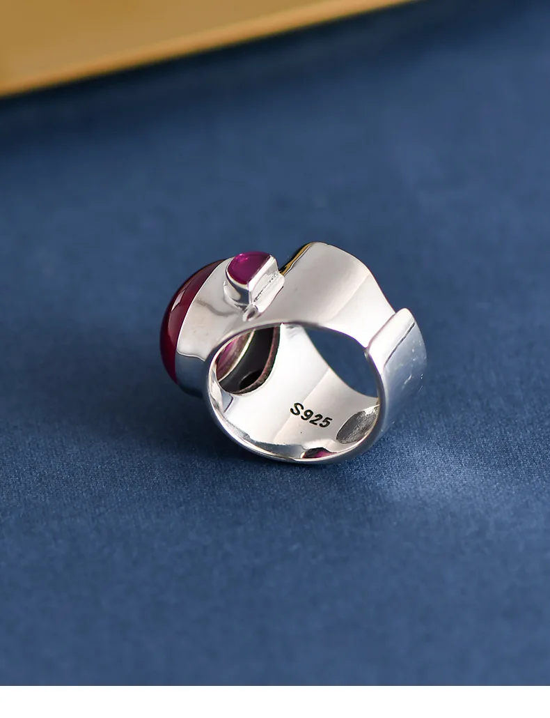 Silver Red Corundum Wide Ring, Minimalist Oval Stone Ring