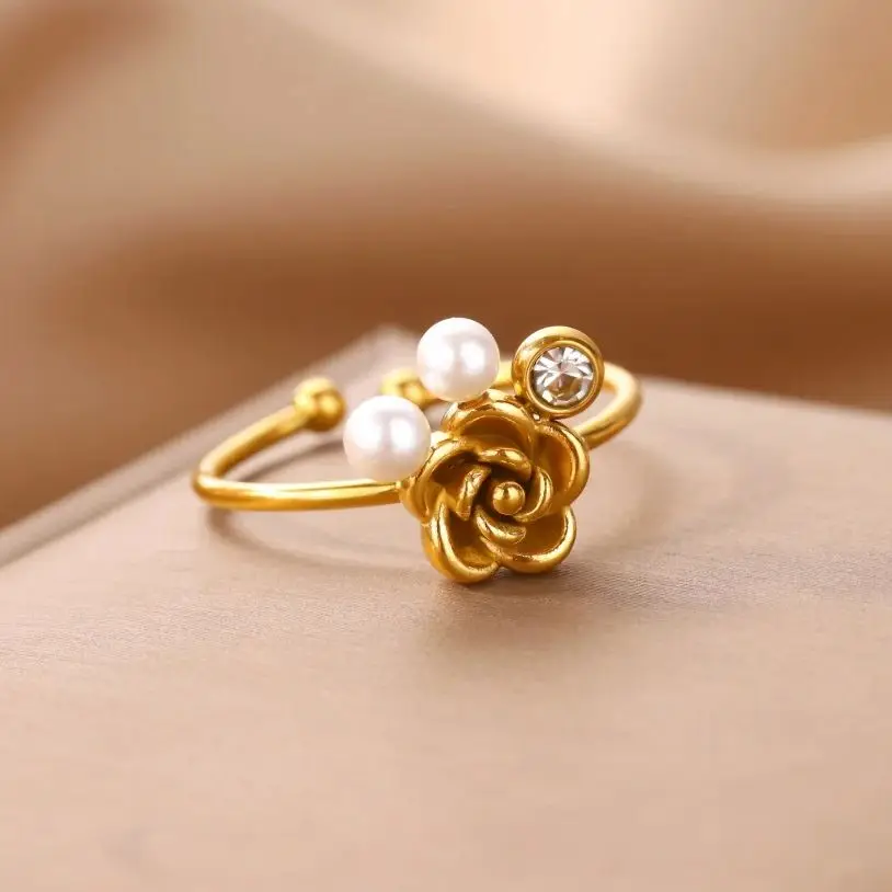 Rose Pearl Flower Shape Ring Women Gold Color Adjustable Stainless Steel