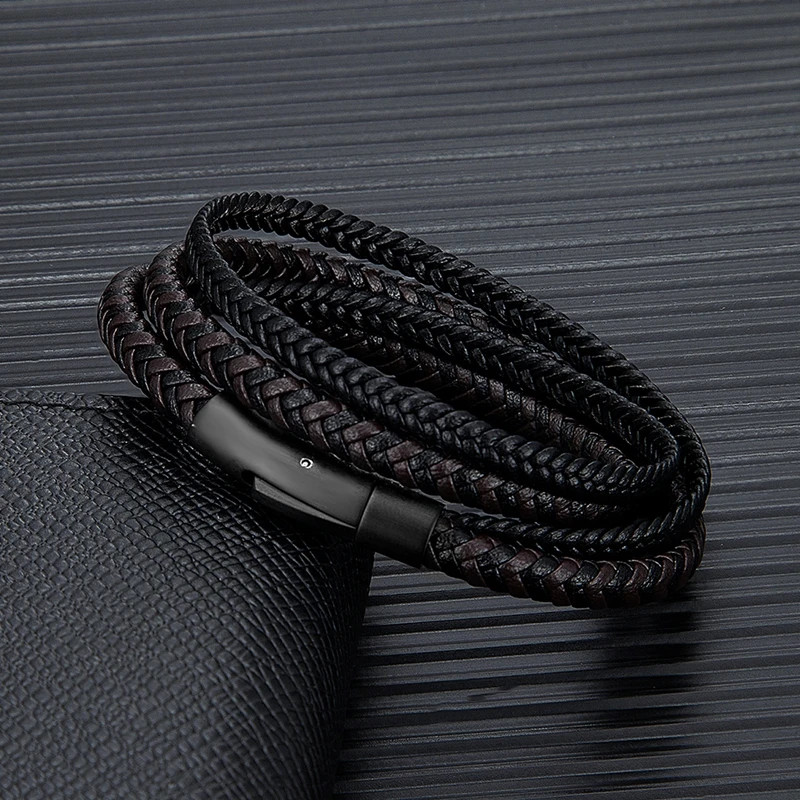 MKENDN Simple Style Men Double Layer Leather Bracelet Matte Black Stainless Steel Button Accessories Hand-woven Jewelry Gifts leather bracelet