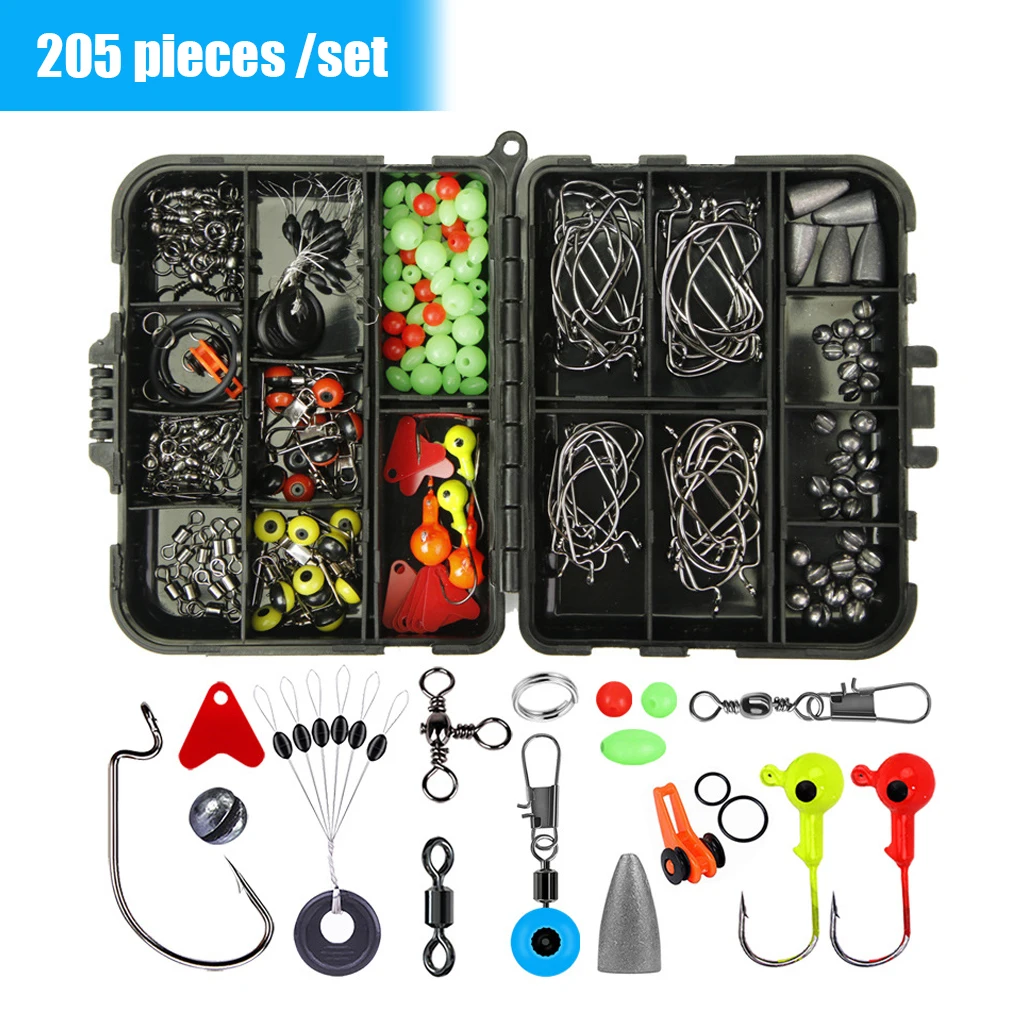 205PCS/Set Fishing Tackles Set Portable Fishhook Sinkers Hooks Lures  Reusable DIY Assortment Accessories Kit with Storage Box