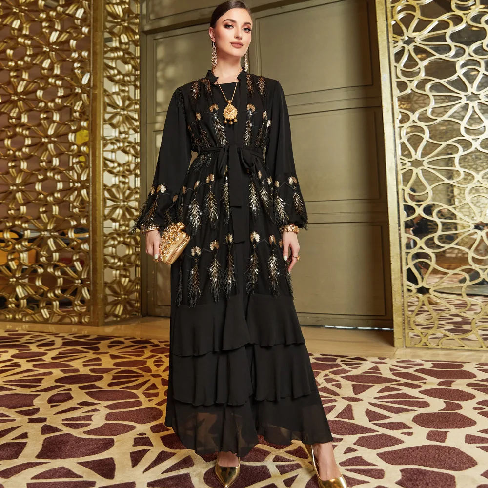 

Muslim Abaya Suit Elegant Women Matching Set Sequin Embroidery 2-piece Set Fashion Feather Long Dress Ramadan Outfits Muslim Set
