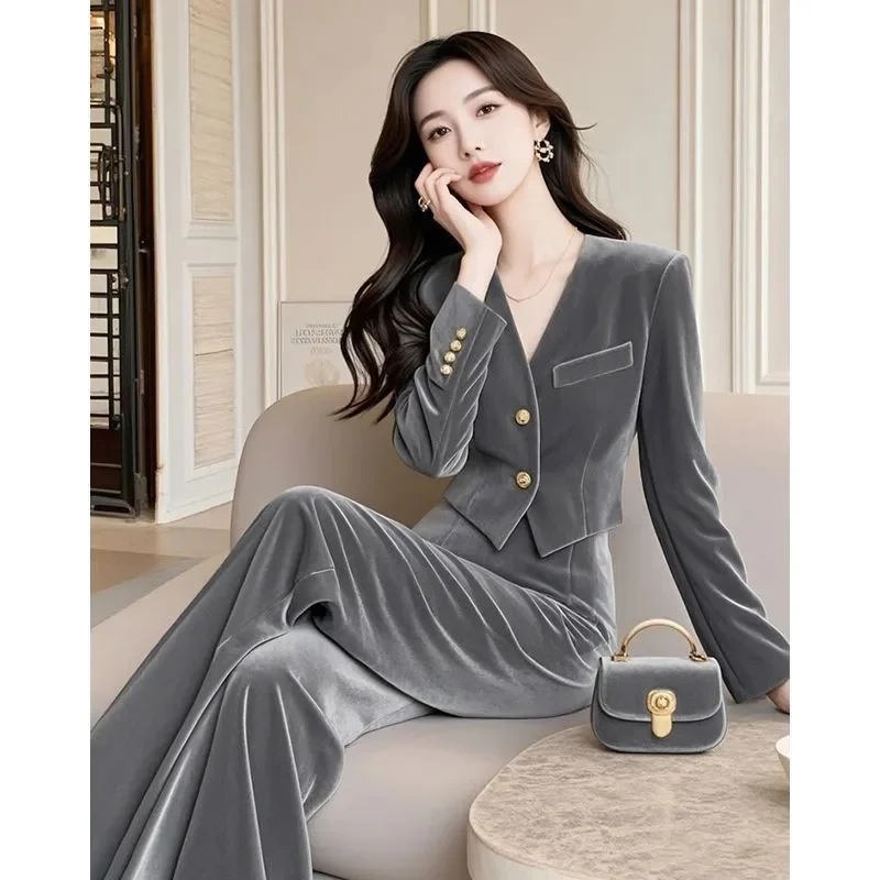 Fashion Autumn New Slim Gold Velvet Top And Pants Two Piece Set Trendy Women Spring Shirt And Pant Suits Plus Size 4XL High End