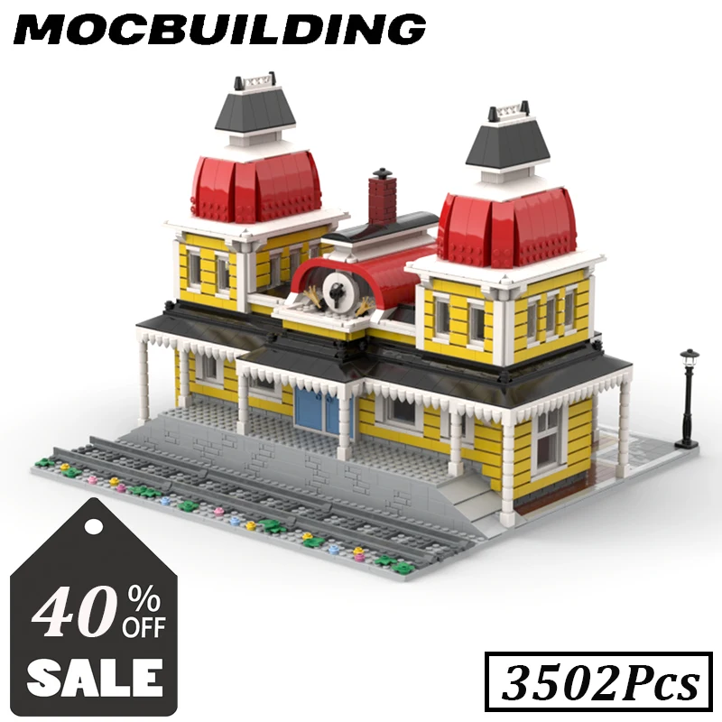 

Street View Moc City Modular Moc Building Blocks Railway Train Ticket Booth and Snack Bar Station DIY Display Christmas Gifts