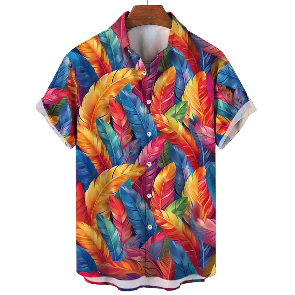 Summer Hawaiian Shirts Casual Men's Shirts Feather Print Shirts for Men Lapel Short Sleeve Men's Clothing Loose Aloha shirts 3