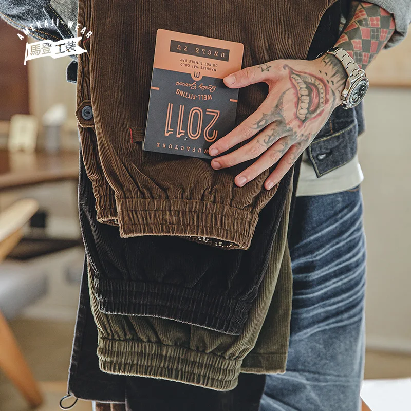 Maden Men's Corduroy Pants With Elastic Waistband Vintage Style Loose Straight Tube Casual Pants mens sports pants