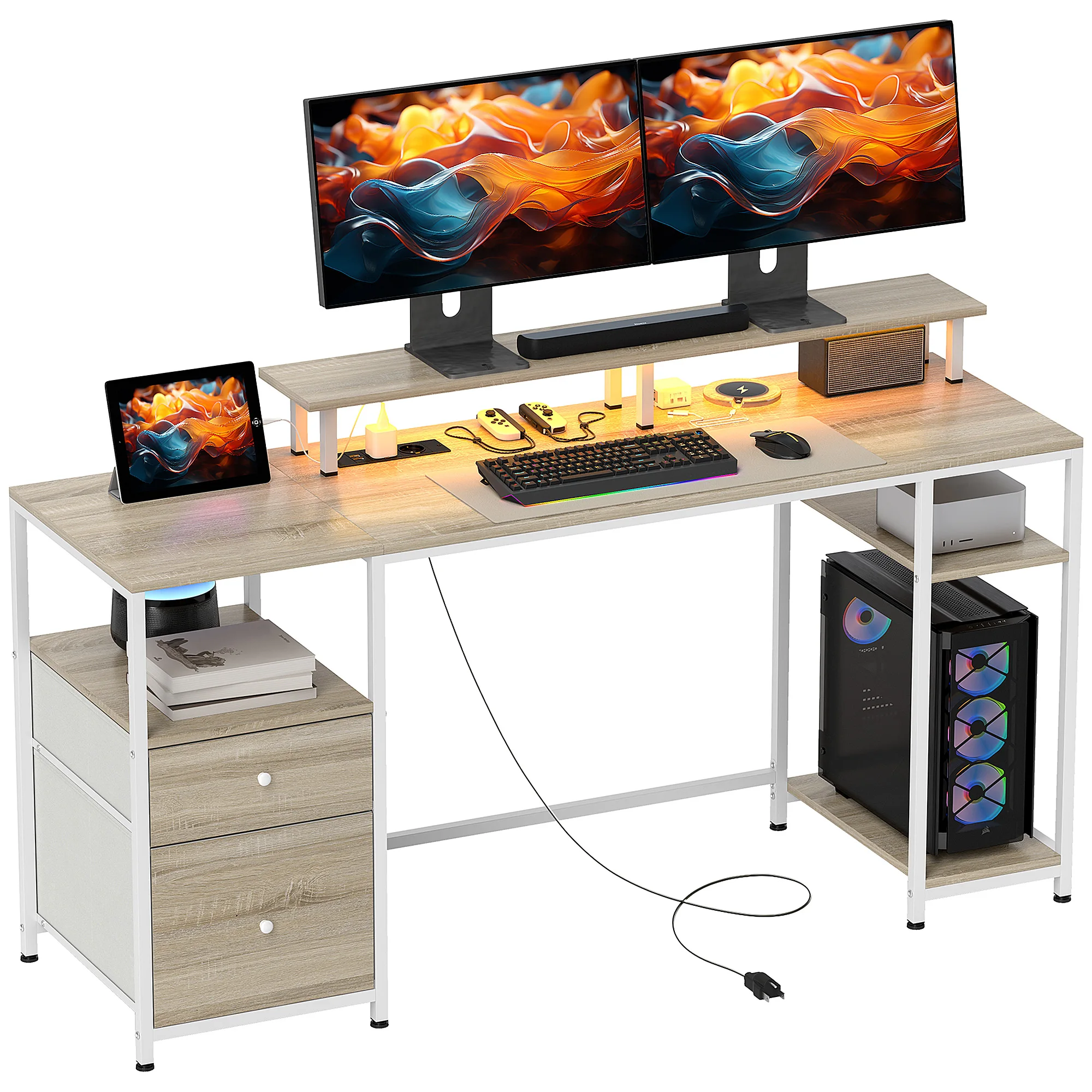 Homcom Desk Table with Led Lights Shelves 155.5X48X75.5 cm Natural