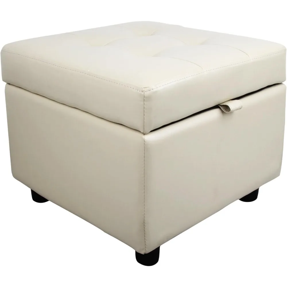 Tufted Leather Square Flip Top Storage Ottoman Cube Foot Rest Storage
