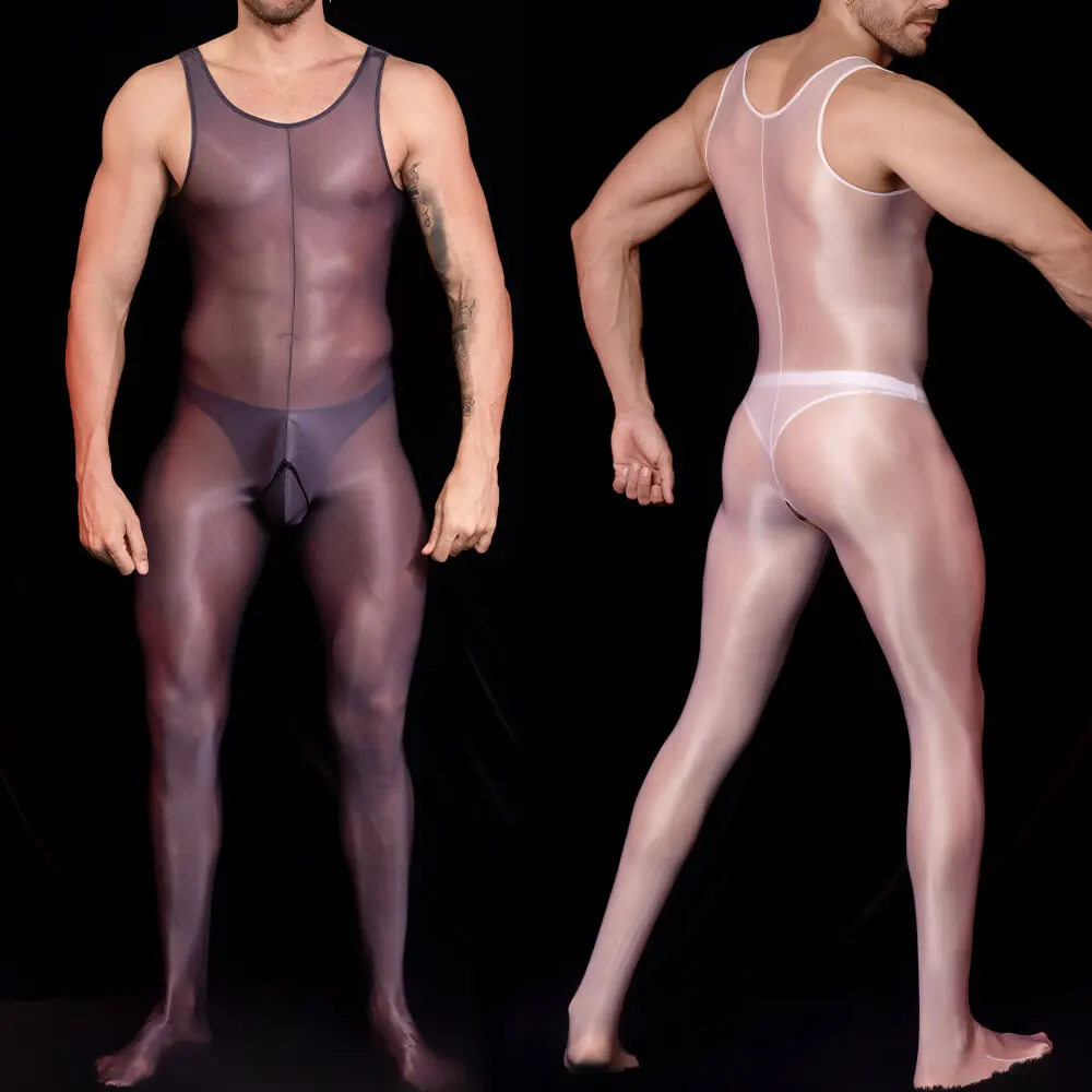 Men's Ultra-thin Sheer Shiny Glossy Bodysuit Super Elastic Jumpsuit Sleeveless Bodystocking Catsuit Open Crotch Nylon Pantyhose