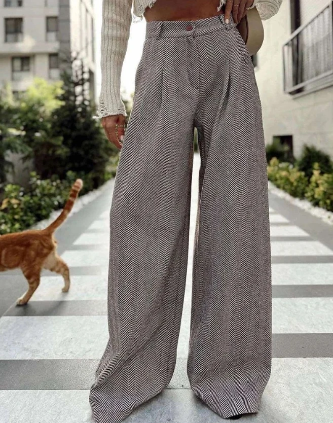 casual Pants for Women 2023 Spring Autumn Button Pocket Chevron Pattern Wide Leg Pants High Waist Woolen Straight Loose Trousers