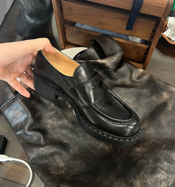 Βρετανικού στιλ μοκασίνια με ένα πόδι σε σχήμα αλόγου, καινούργια χειροποίητα μικρά δερμάτινα παπούτσια για γυναίκες, με χοντρές σόλες,_voghion.com