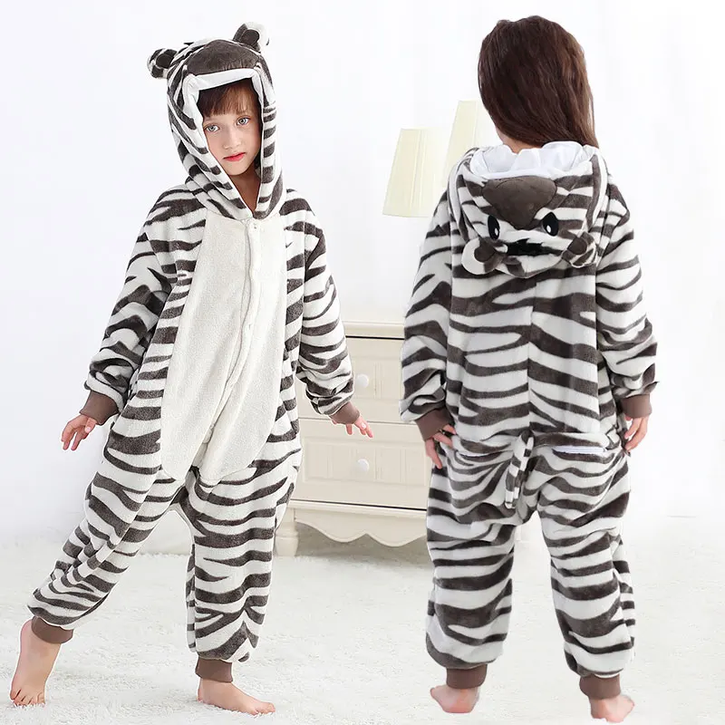 Animal Tiger Onesie Kigurumi Pajamas for Children Winter Warm Pyjamas Kids Jumpsuit Flannel Boys Girls Panda Unicorn Overalls