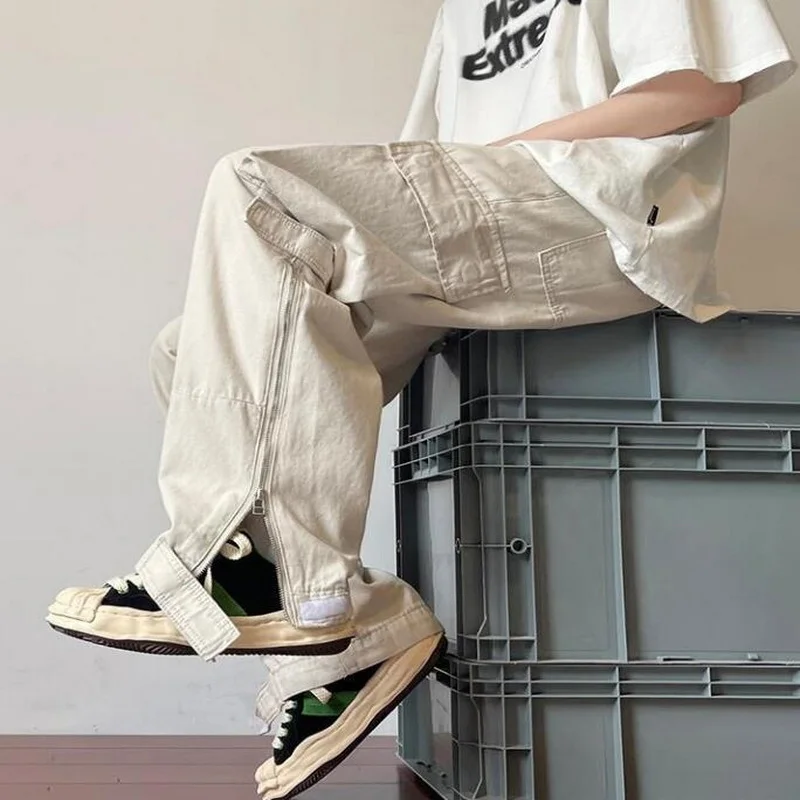 

Cotton American Fashion Retro Pants Multi-Pocket Street Trousers Men's & Women's Loose Pants Cuff Zipper Pants