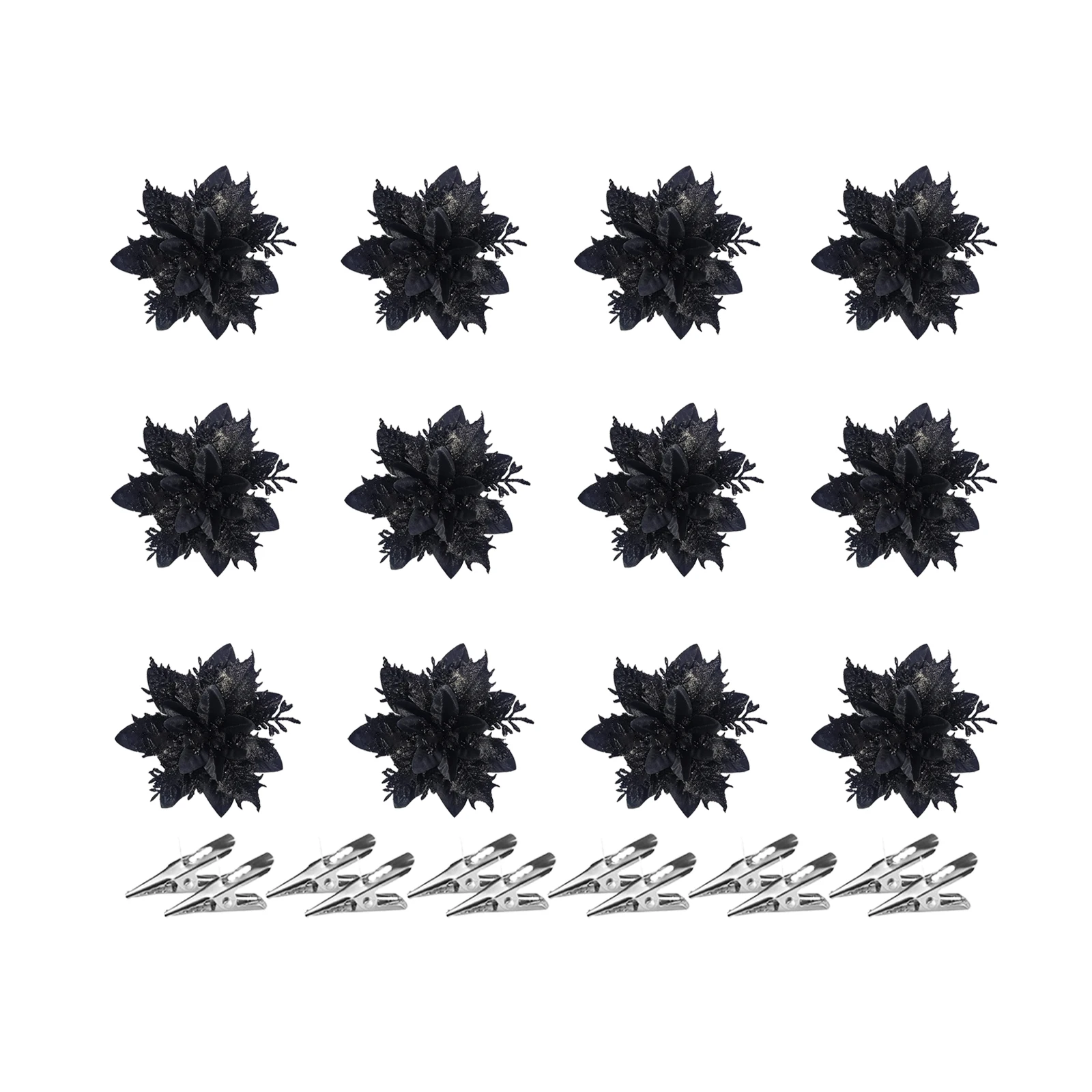 12PCS 14cm Glitter Artificial Christmas Flowers With Clips Xmas Tree Ornaments Black Decorations for Home New Year Gifts Navidad