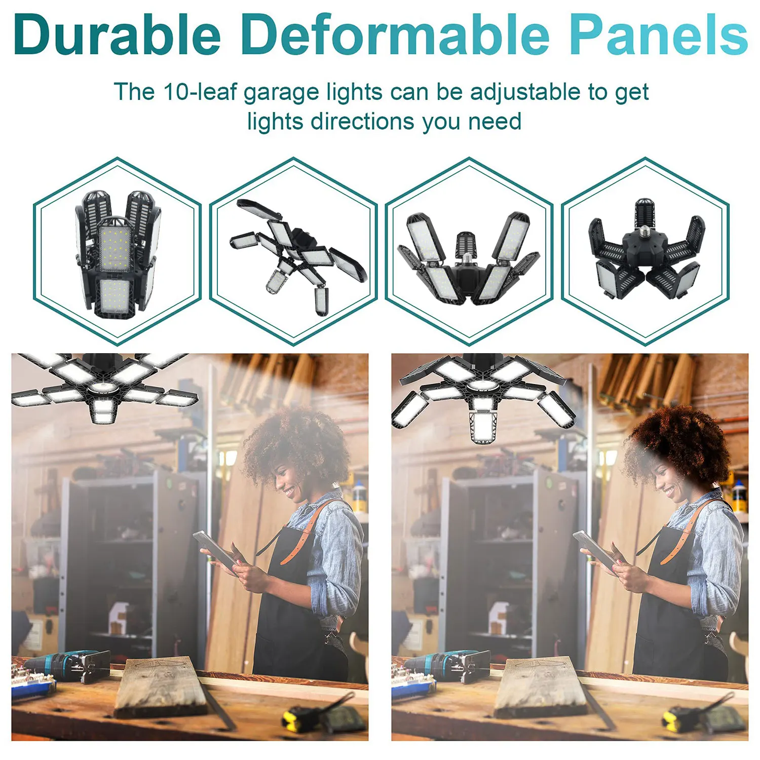 Deformable 10+1 Panel Led Garage Lamp Ceiling Lighting Daylight 6500K Deformable Shop Lights Room Home Decor Workshop Basement