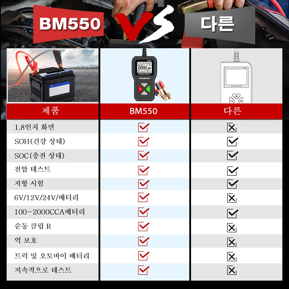KINGBOLEN BM550, BM550 플러스 자동차 배터리 테스터, 배터리 시스템 감지 자동 배터리 분석기, 자동차 배터리 도구 SOC SOH, 6V, 12V, 24V