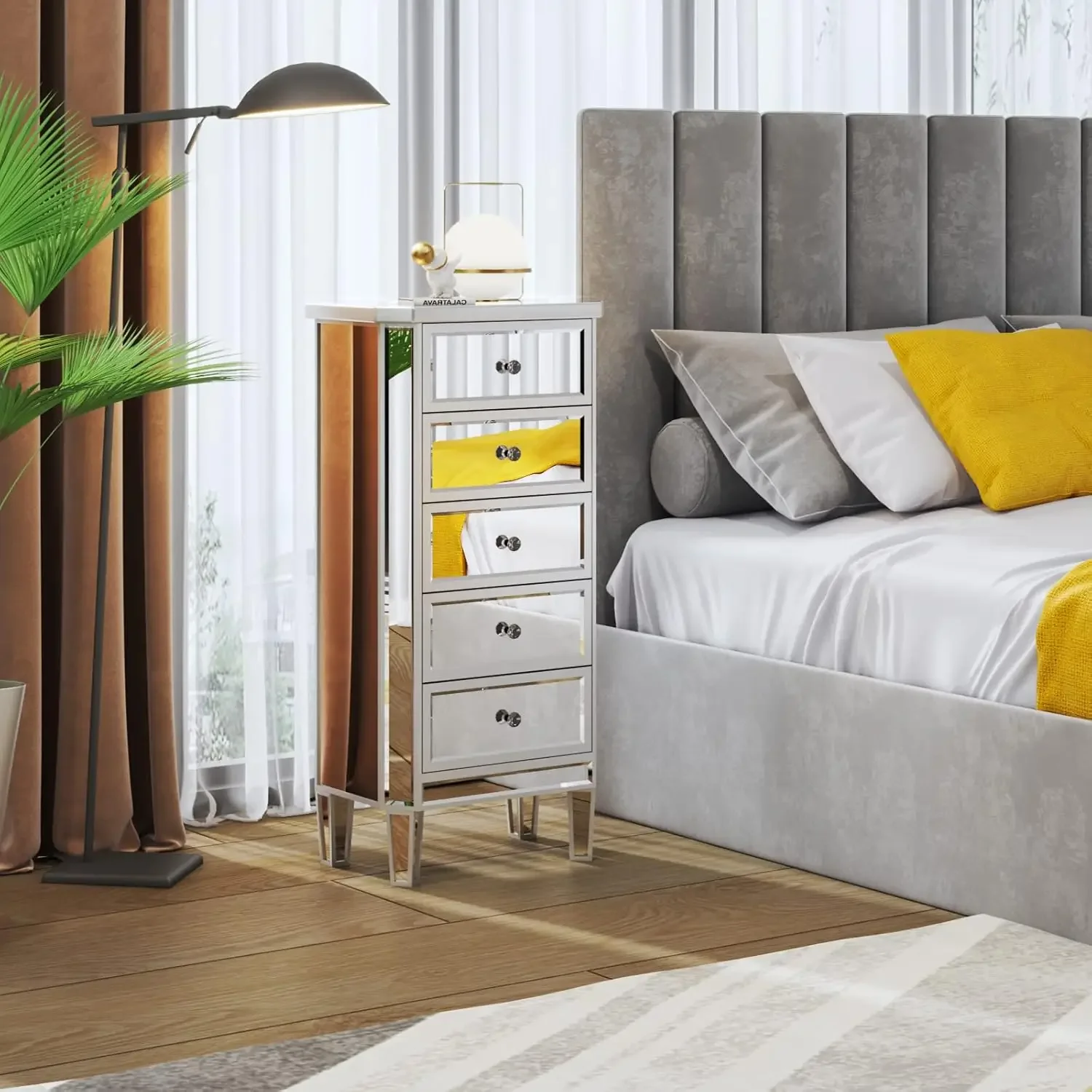 Mirrored 5 drawer dresser with glass surfaces