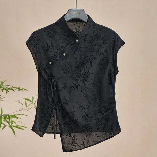 Retro Thin Shirt New Chinese Style Cheongsam Top Black Jacquard Short Sleeve T-shirt Summer Mature Fashion Women's Clothing 2