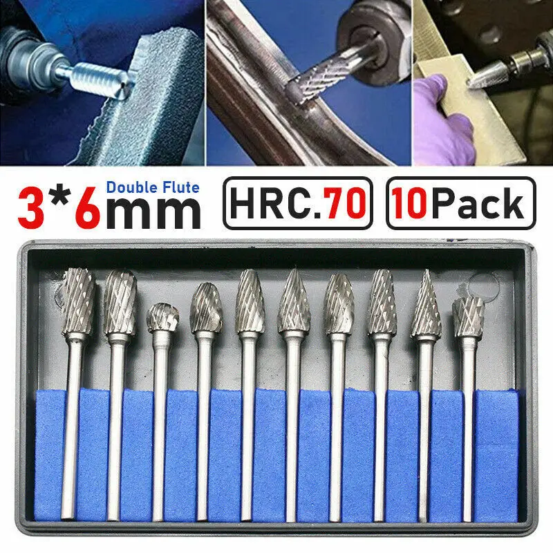 

10pcs/Set 3*6MM Double Text Head Tungsten Carbide Rotary Tool Point Burr Die Grinder Abrasive Tools Drill Milling Carving Bit