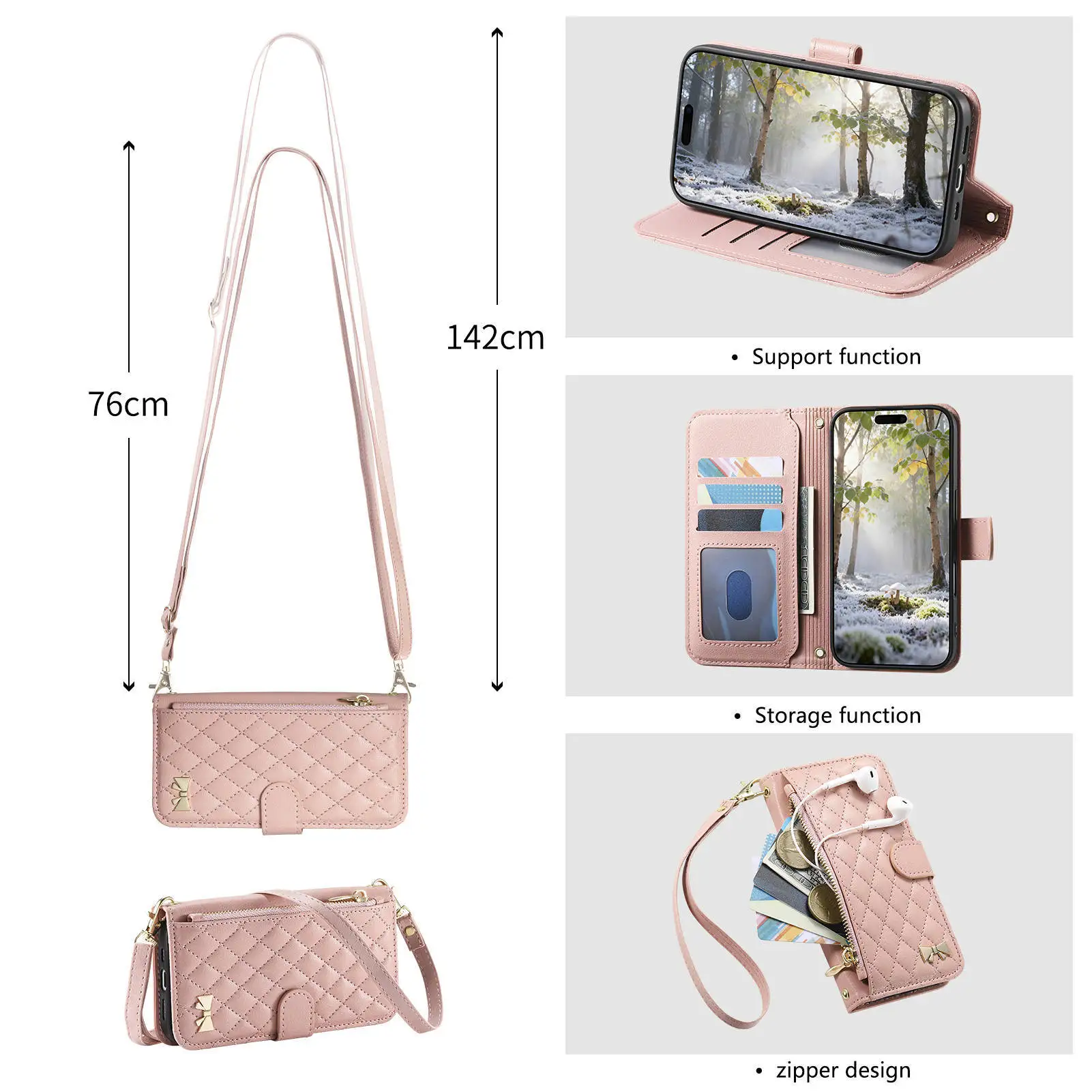 Grid Pattern Leather Flip Case with Crossbody Strap and 3 Card Slots Wallet Cover
