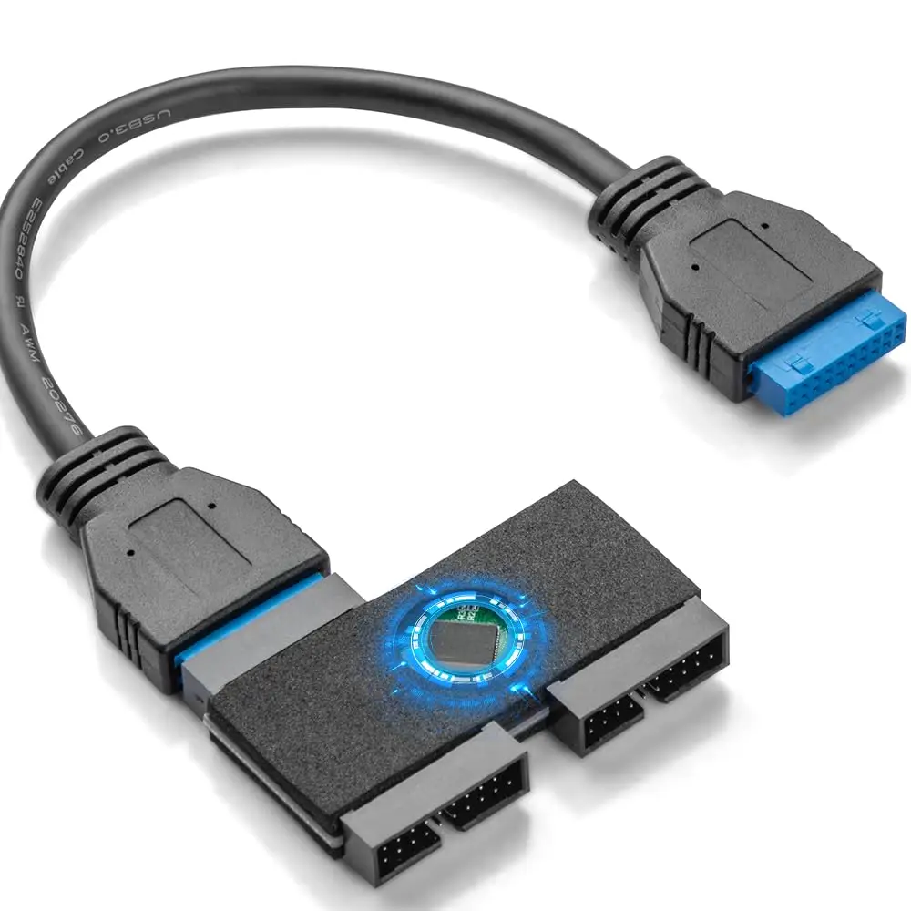 JoniSerl 업그레이드된 마더보드 USB 3.0 헤더 분배기 19핀 20핀 헤더 1-2 허브 연장 케이블(칩 포함), 안정적이고 신뢰할 수 있음