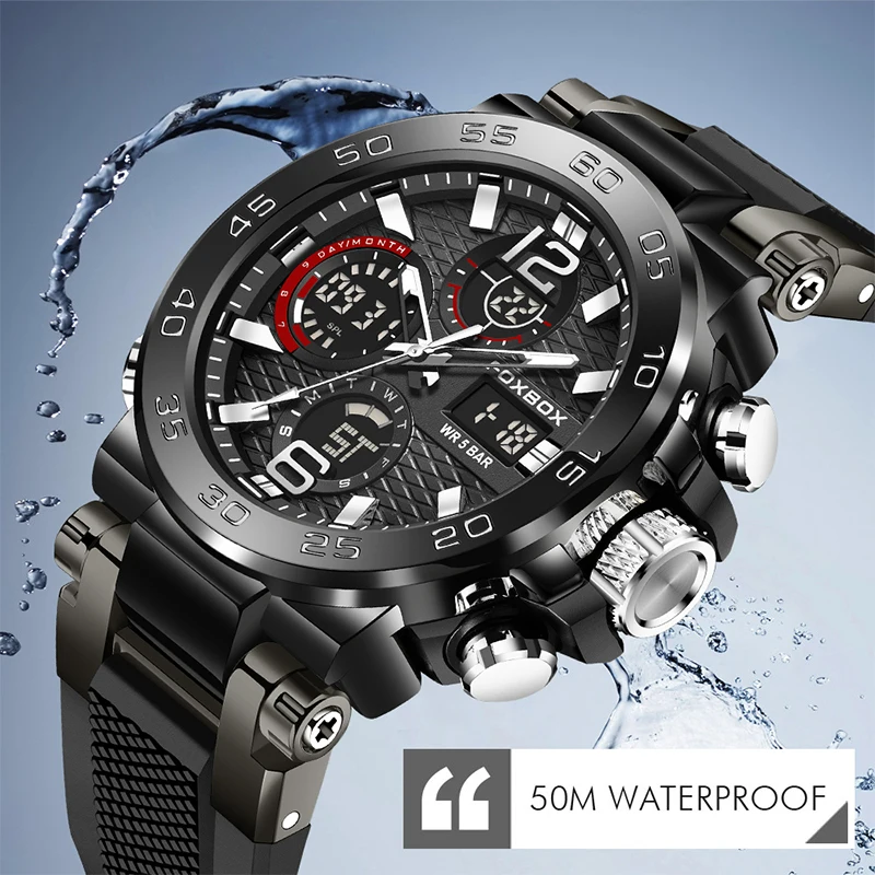 Top Brand FOXBOX Luxury Watches For Men Fashion Digital Wristwatch Military Sport Quartz Man Watch Silica Band Waterproof Clock