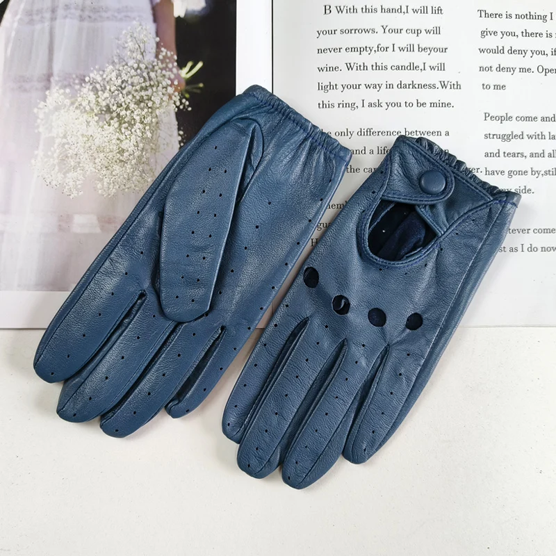 Thin Women's Sheepskin Driver Gloves Summer Breathable Snap Button Colored Genuine Leather Gloves